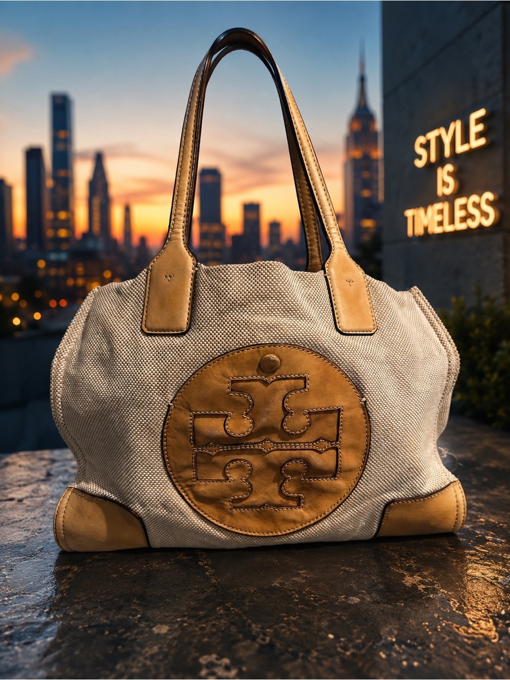 Tory Burch Beige Canvas Tote with Tan Leather Trim and Logo Medallion